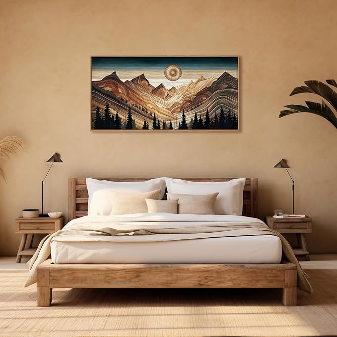 HLNIUC Large Mountain Wall Art, Tree Ring Wood Nature 40"x20" Framed Wall Decor, Rustic Desert Canvas Painting, Brown Abstract Landscape Art Print for Living Room, Bedroom, Office