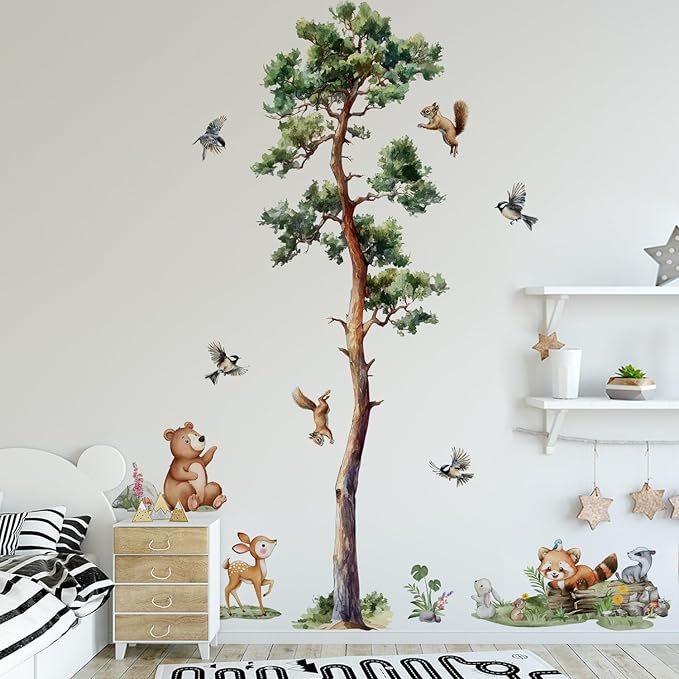 Large Pine Tree Wall Decal Forest Animal Wall Stickers 6 Sheets Woodland Animals Bear Decor Waterproof Peel and Stick Wall Murals Decals for Nursery Boys Bedroom Classroom (Jungle Pine Tree)