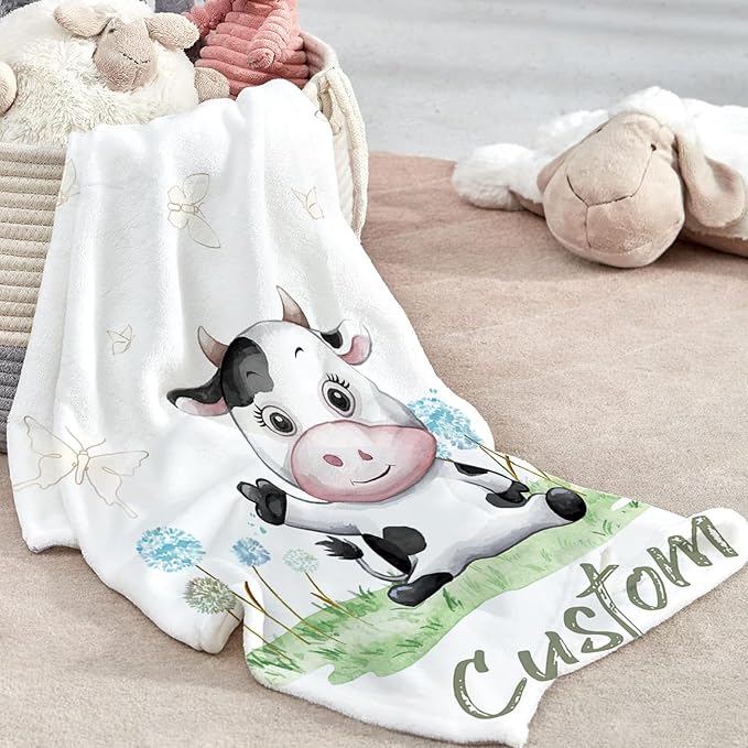 Custom Baby Crib Bedding Set - Cows Design Personalized Name Baby Nursery Bedding 3 Pcs Set - Chic Soft Blanket, Fitted Sheet, Room Rug for Newborns Boys Girls Gifts