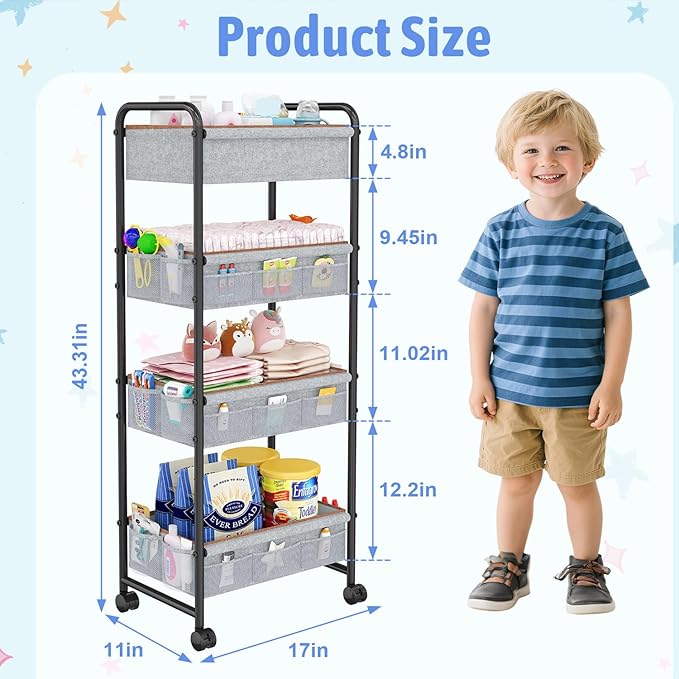 4-Tier Rolling Storage Cart,Baby Diaper Caddy Cart Organizer, Nursery Baby Dresser Organizer with Wheels,with 2 Dividers & 21 Mesh Pockets，Metal Utility Cart for Nursery,Bedroom,Bathroom