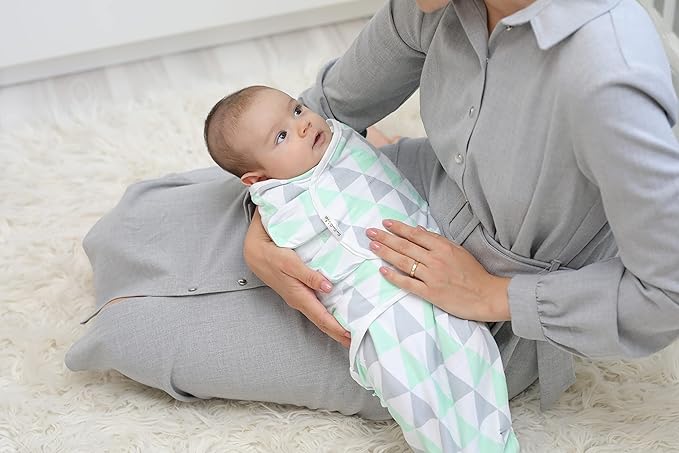 BaeBae Goods Swaddle Blanket, Adjustable Infant Baby Swaddling Wrap Set of 4, Baby Swaddling Wrap Blankets for Boys and Girls Made in Soft Cotton (0-3 Months, Green/Grey Triangles)
