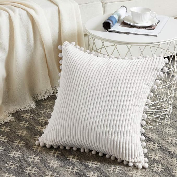 Fancy Homi 22x22 Pillow Covers, Pack of 2 Cream White Throw Pillow Covers with Pom-poms, Super Soft Corduroy Square Solid Cushion Cover for Couch Sofa Bedroom Living Room 55x55 cm