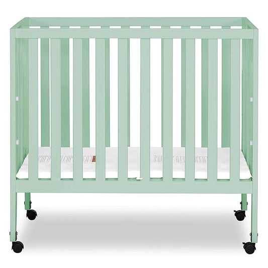 Dream On Me Jett Mini Folding Baby Crib in Mint, GreenGuard Gold & JPMA, Lightweight & Portable, Patented Flat Folding System for Small Spaces & Travel, 1.5” Mattress Pad, 3 Heights, Safe Wheels