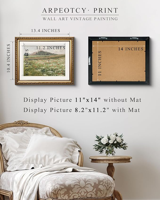 ARPEOTCY Vintage Gold Framed Wall Art, Fields with Wild Poppies Retro Paintings, Canvas Prints Artwork with Antique Frame, Victorian Wall Picture Decor for Gallery Living Room 13x16 inch
