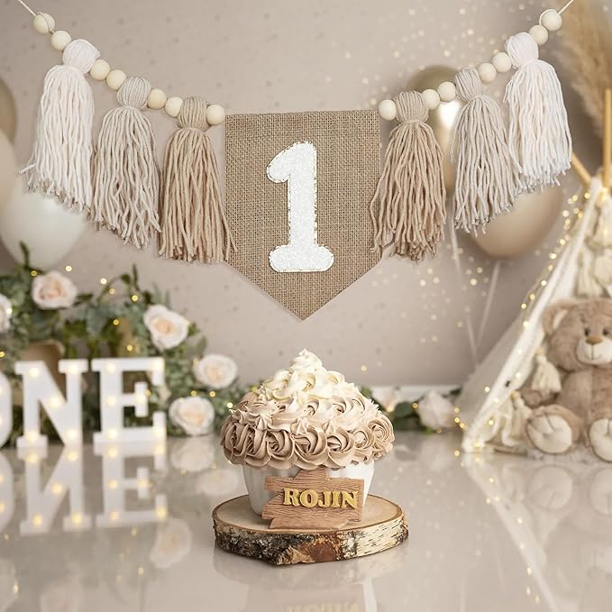 Handmade Boho Burlap Khaki 1st Birthday Decorations For Boys One High Chair Banner Boy First Highchair Banner Wild One Birthday Decorations Wall Hangings Photoshoot Props Photo Props