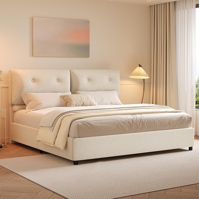 King Bed Frame and Headboard, Upholstered Boucle Bed King with Soft Headboard, Wooden Slats Support, No Box Spring Needed, Easy Assembly, Cloud Bed Frame, Beige