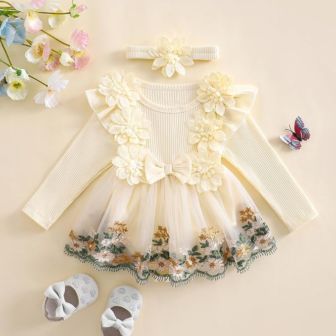 Giraropa Baby Girl Fall Winter Clothes Long Sleeve Romper Dress + Socks + Headband Newborn Infant Cute Casual Outfits