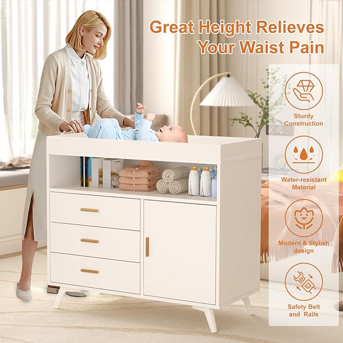Nursery Dresser with Baby Changing Table,Diaper Changer Tables with 3-Drawer & Shelves, Wooden Baby Dresser with Top, Wood Diaper Changing Station