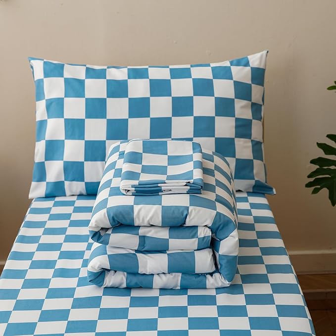 KAREVER Grid Toddler Bedding Set Blue White Checkered 4 Pieces Crib Bed Set Kids Pliad Comforter Set