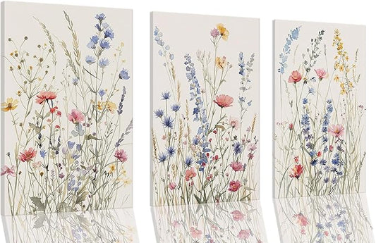 MTFBWY 3 Piece Framed Watercolor Wildflower Wall Art, Colorful Floral Canvas Art Prints Botanical Wall Decor, Modern Flower Minimalism Rustic Wall Paintings Pictures for Living Room Girls Bedroom Bathroom 16"x24"x3