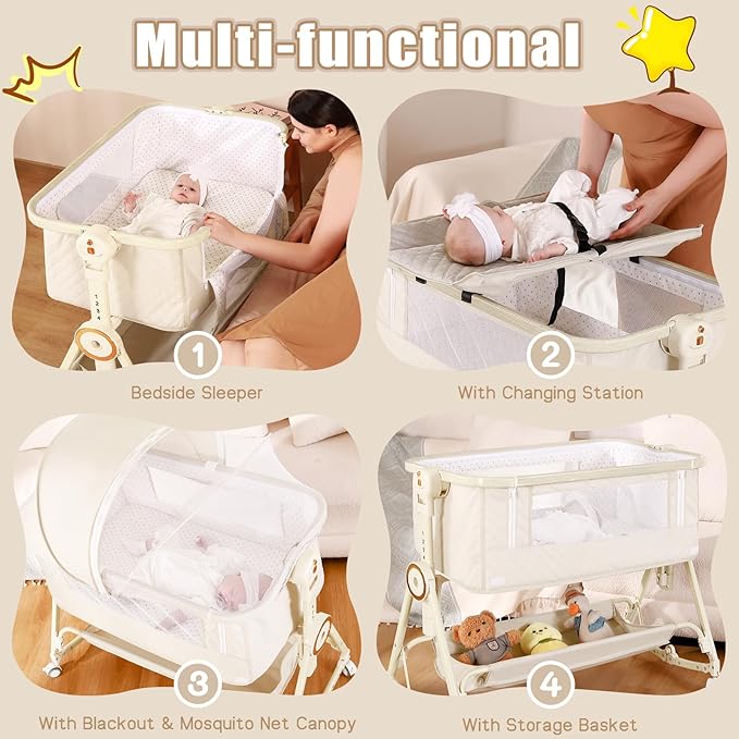Baby Bassinets Bedside Sleeper 5 in 1,Bedside Bassinet for Baby with Mattress,Diaper Table, Storage Layer,Mosquito Net,7-level adjustable height , one-touch folding for travel with infants(Beige)