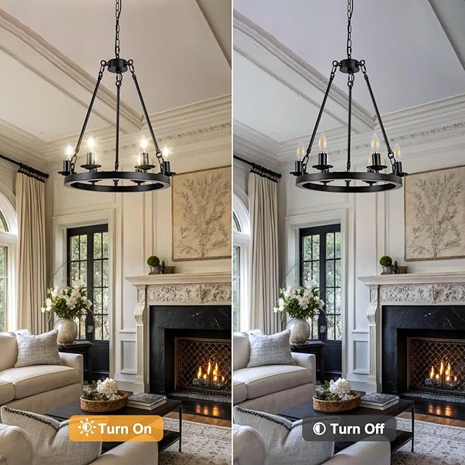 Wagon Wheel Chandelier, 6-Light Black Round Modern Farmhouse Chandelier with Adjustable Height Hanging Island Light Fixture for High Ceiling Dining Room, Kitchen, Living Room, Entryways, Foyer