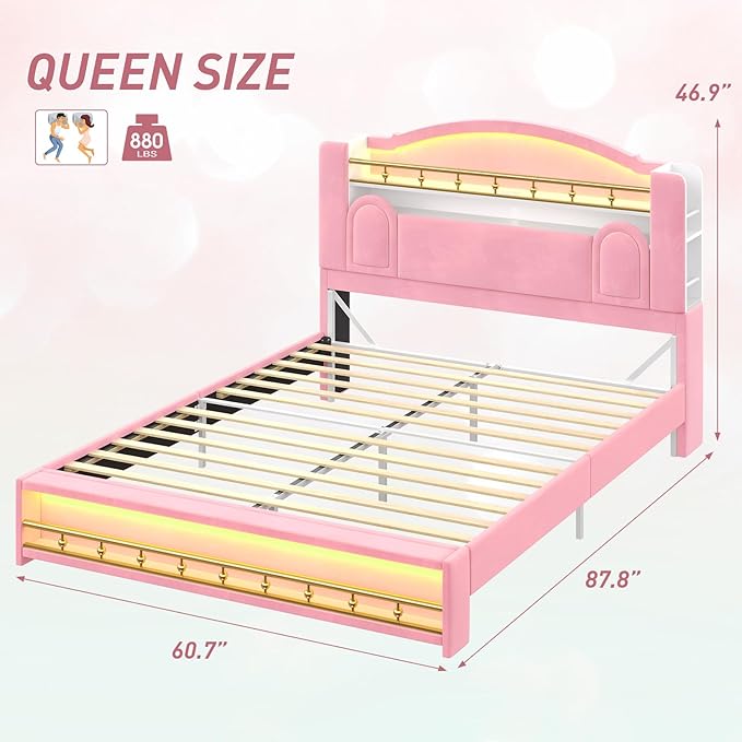 Queen Bed Frame with Storage Headboard, Platform Bed Frame Queen Size with Charging Station&LED Lights,Velvet Princess Bed for Girls/Kids, No Box Spring Needed/Noise-Free/Easy Assembly,Pink