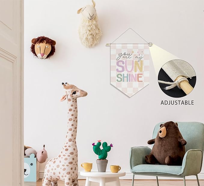 You are My Sunshine Kids Room Nursery Wall Art Decor Cavas Prints Hanger, Boy Girls Toddler Room Playroom Decor, Pink and White Checkered Pennant Flag, 15x11in