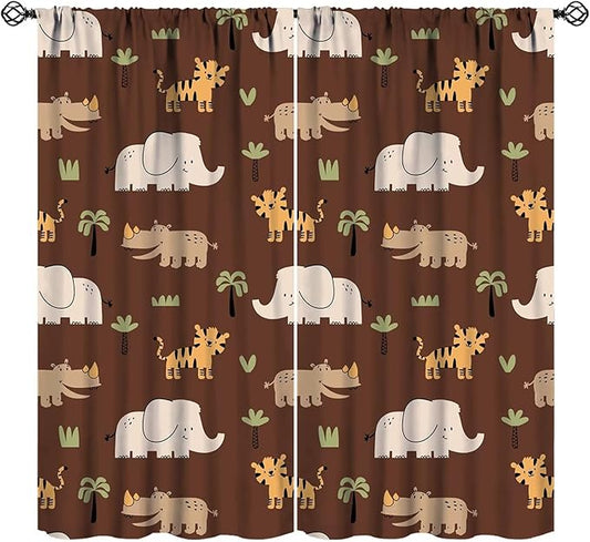 Jungle Safari Animals Blackout Curtains Cartoon Tropical Forest Animals Elephant Tiger Brown Art Print for Kids Boys Bedroom Nursery Rod Pocket Decoration Window Drapes 2 Panels W27.5xL63in