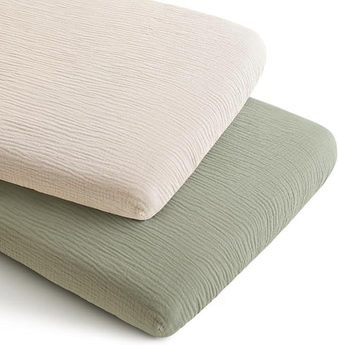 Konssy 2 Pack Muslin Bassinet Sheets for Baby Boy, 100% Cotton Soft Bedside Sleeper Bassinet Sheets, Compatible with Baby Delight, Dream On Me, AMKE and Other Rectangle Mattress (Fog Green,Cream)