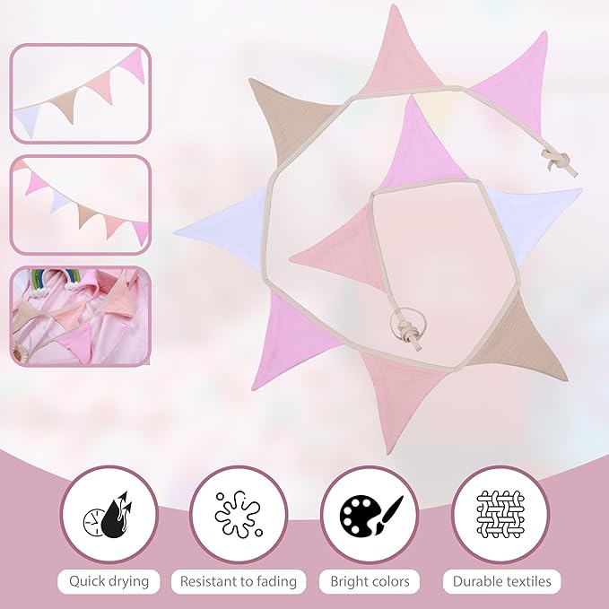 Pennant Banner Flags,Infant and toddler room decoration pennant,for Nursery Decor Baby Birthday Boho Wedding Shower Party Event (Pink Colorful Banner)
