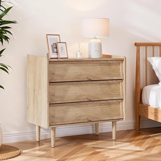 3 Drawers Dresser, 31.5'' W Mid- Century Modern Wooden Chest of Drawers, Large Night Stands Organizer for Bedroom, Closet, Hallway, Entryway, Natrual Wood Color