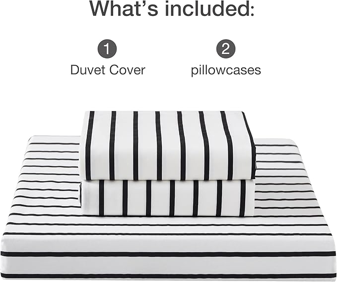 JELLYMONI 100% Natural Cotton 3pcs Striped Duvet Cover Sets, White Duvet Cover with Thick Black Stripes Pattern Printed Comforter Cover, with Zipper Closure & Corner Ties(Full Size)