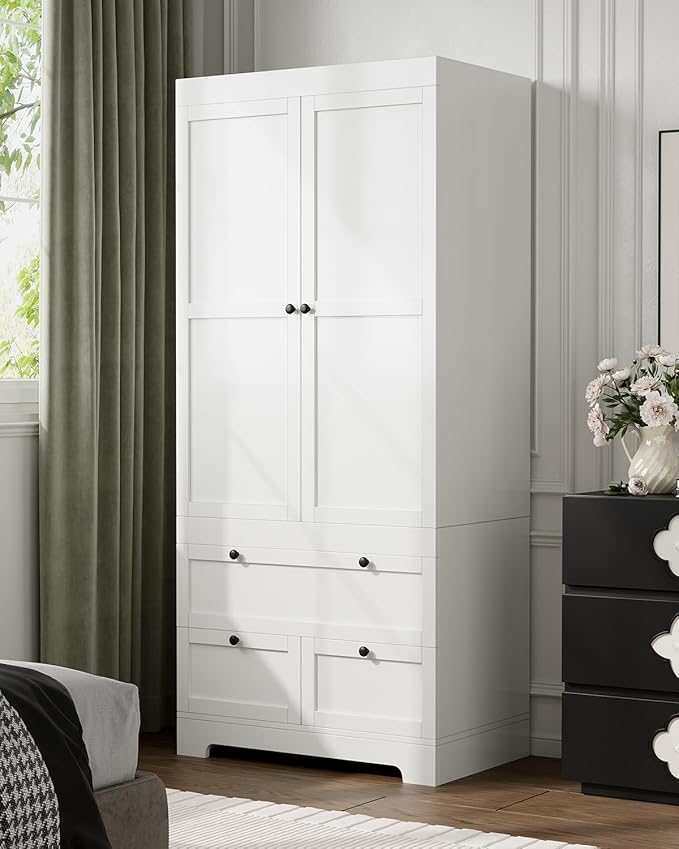 2 Doors Armoire Wardrobe Closet with 2 Drawers, Modern Modular Closet Wardrobe Cabinet with Shelves and Hanging Rod, Freestanding Wooden Armoire for Bedroom, White