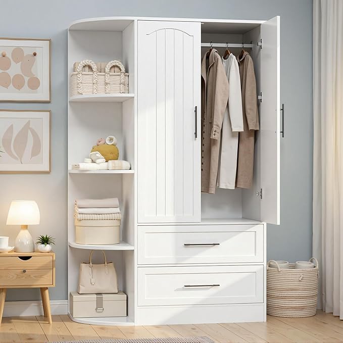 HOOBRO Wardrobe Closet with Doors, 70.9" Tall Armoire Wardrobe Closet with 4 Storage Shelves, Wooden Bedroom Armoire with 2 Drawers and Hanging Rod, Clothing Storage Cabinet for Bedroom, White