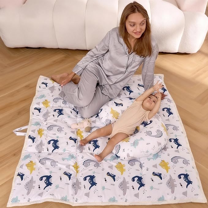 Little Grape Land Baby Mat for Floor 50x50 Soft Padded Playpen for Crawling, Tummy Time & Play, Non-Slip, Machine Washable Dinosaur mat for Infants & Toddlers, Foldable Outdoor Mat with Handle