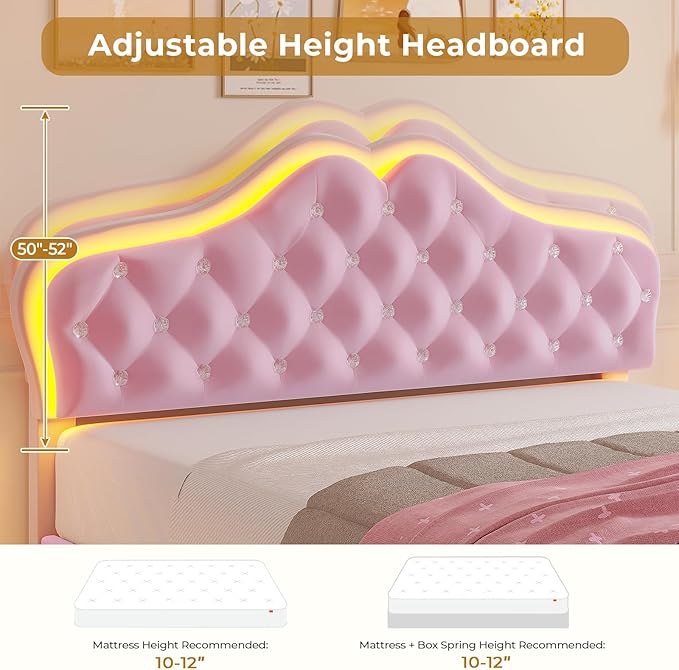 ADORNEVE Queen Size Upholstered LED Bed Frame, Girls Bed with Adjustable Crystal Button Headboard, Velvet Princess Platform Bed for Girls, Solid Wooden Slats, Easy Assembly, Pink