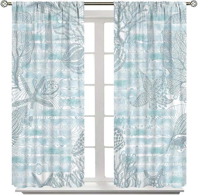 Starfish Curtains，Starfish and Seashells Coastal Curtain Ocean Themed Underwater Marine Decor Waterproof Fabric Curtain Set 2 Panels,72x63 Inches