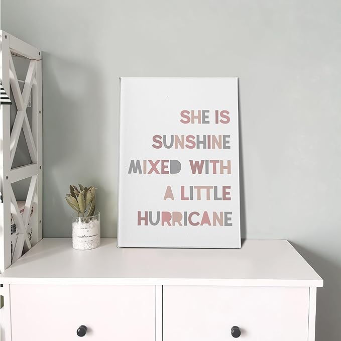 PHAMTE Girls Bedroom Wall Decor,She is Sunshine Mixed with a Little Hurricane Girls Room Wall Art,Sunshine Print Framed Canvas Painting Artwork for Room Bedroom Home Nursery Playroom(16x24 Inch)