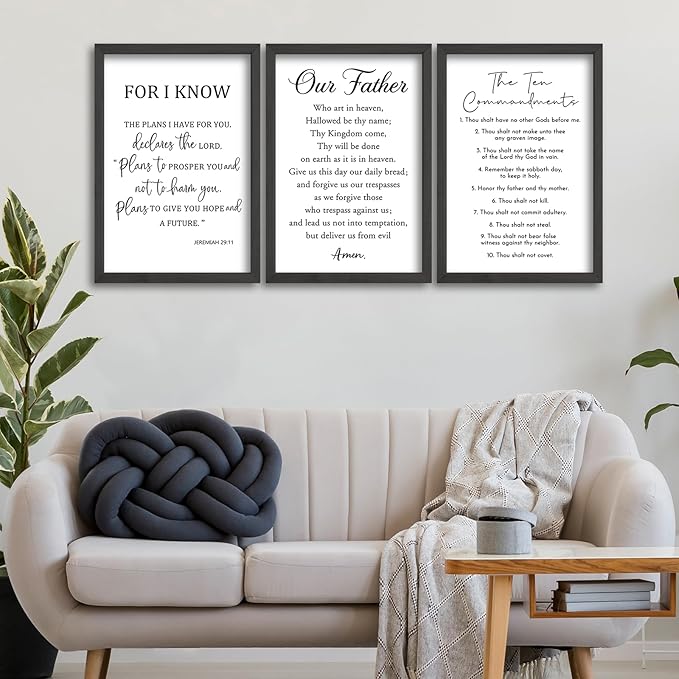 Surfapans Bible Verse Scripture Wall Decor Art 16"×11" Christian Sign Set of 3 Inspirational Quotes Scripture Wood Framed Wall Hanging (Black)