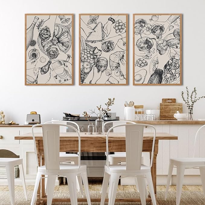 BINCUE Framed Food Wood Wall Art Set of Three Modern Cheers Kitchen Wall Decor Abstract Friends Party Art Print for Kitchen Dining Room Living Room 16x24 Inch