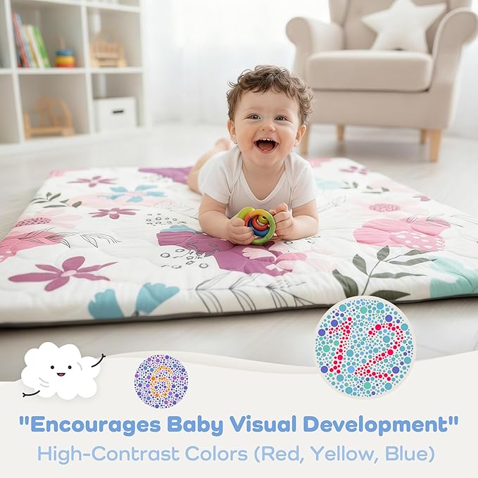 1.5" Thicker Baby Play Mat for Floor, 50x50 Removable & Machine Washable Cover Playpen Mat Softness Foam Mats, Easy-Clean Hygienic, Comfort Safety Kids Crawling Living Room (Floral)