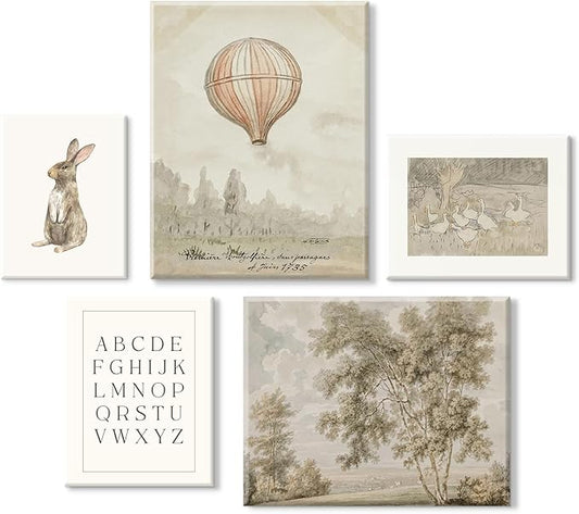 Vintage Nursery Wall Art Children Room Canvas Wall Decor Country Posters Botanical Prints Vintage Landscape Pictures Kids Child Wall Art Neutral Artwork for Playroom Bedroom 8x10x5 Inch Framed