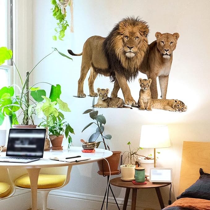 ROFARSO Lifelike Lovely Cute Lion Family Animal Vinyl Wall Stickers Removable Wall Decals Art Decorations Decor for Nursery Baby Bedroom Playroom Living Room Murals