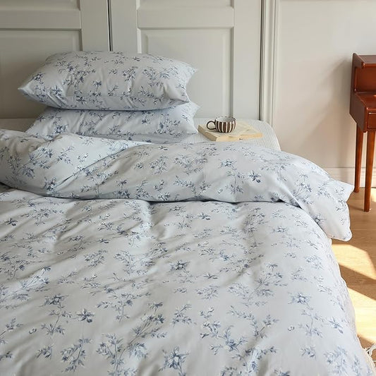 Vintage Style Garden Floral Duvet Cover Full 3 Pieces Cotton Flower Duvet Cover Blue Floral Bedding Cover with 2 Pillowcases Reversible Floral Botanical Comforter Cover Cottagecore Bedding Set Full