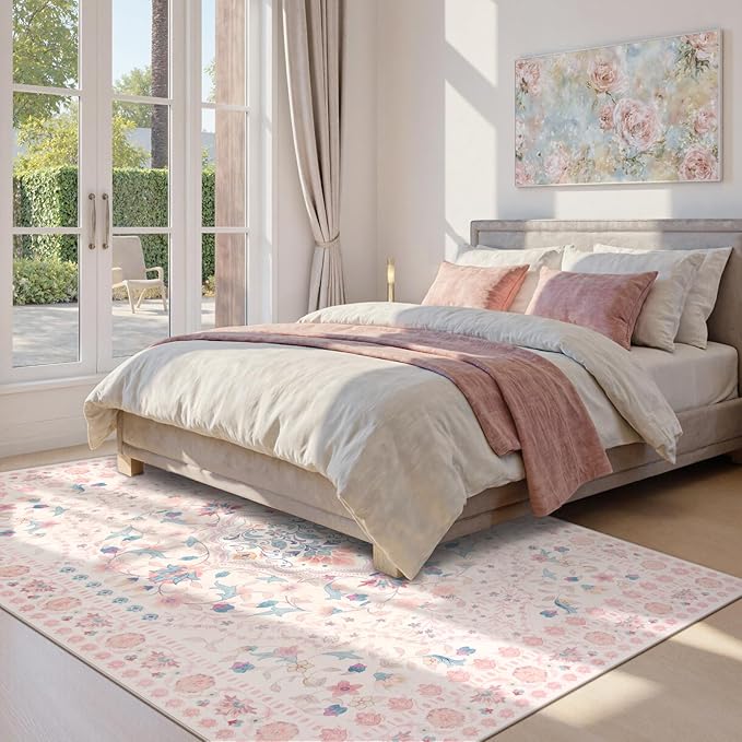 Wonnitar Boho Floral 8x10 Pink Area Rug, Washable Kids Rugs for Bedroom, Large Ultra-Thin Soft Non Slip Carpet for Nursery Living Room Playroom Classroom, Pastel Pink