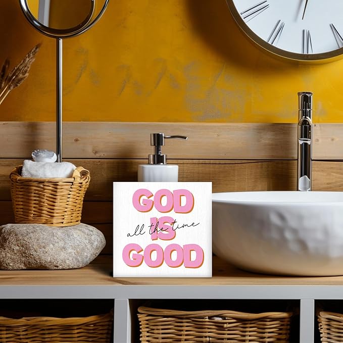 Christian Wood Box Sign - Inspirational Quotes Desk Shelf Decor, Bible Verse Decor, God is Good All the Time Pink Christian Wooden Block Plaque Box Sign for Teen Girl Room Dorm Decorations