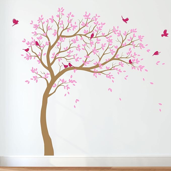 Large Tree Wall Decals Nursery Leaning Tree Stickers with Birds Wall Art Mural Vinyl Decor KW032 (Leaning Right, Light Brown; Soft Pink; Hot Pink)