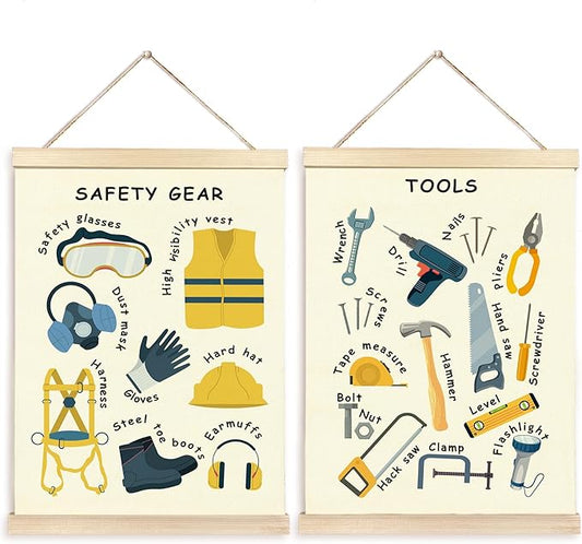 CGBHW Educational Safety Gear Tools Poster Hanger Frame Set of 2, xxxx Posters Wall Art Hanging Decor for Classroom Nursery Kids Room Playroom Preschool，12x16Inch