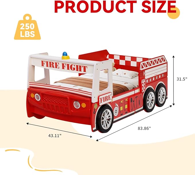 Bed Frames for Kids Fire Truck-Shaped Wooden Platform Bed Frame with LED Lights, Bed Platform with Wood Slat Support, Twin Size Chidren Bed Frame of Car Design,Fits Standard Twin Mattres(Red)