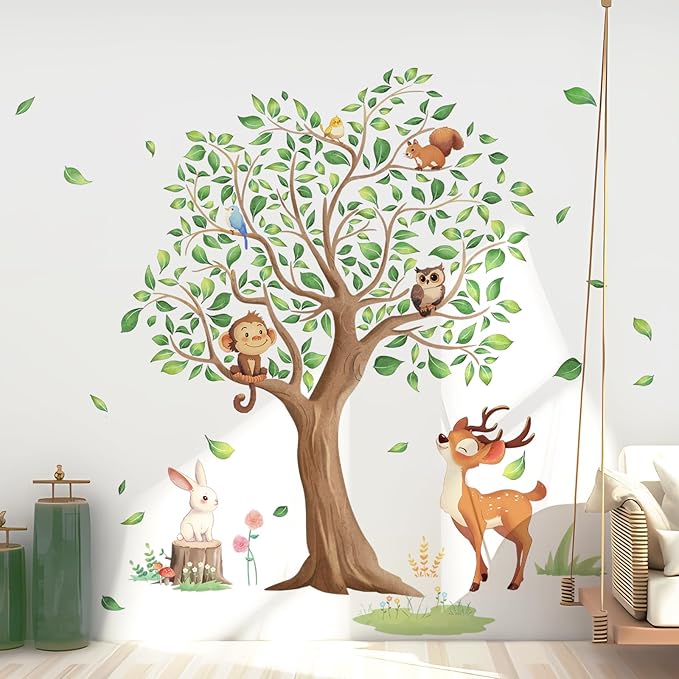 Tanlaby Jungle Animals Large Tree Wall Stickers Cartoon Animal Monkey Deer Wall Decals Peel and Stick Art Decor for Baby Nursery Kids Bedroom Playroom Toddler Room (H: 54 in)