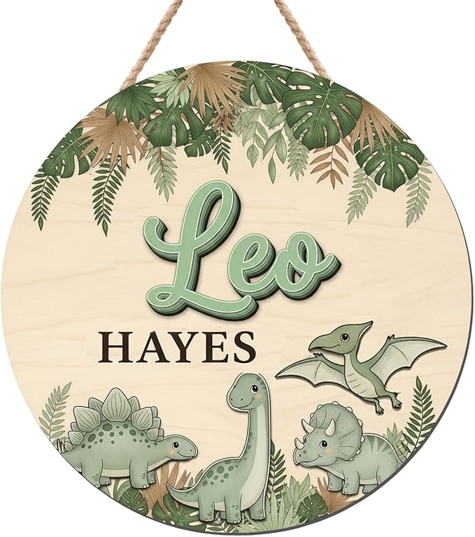 Custom Wooden Baby Name Sign with Cute Dino Design, Personalized Nursery Wall Hanging for Boys Bedroom Unique Newborn Shower Gift for Boys & Girls