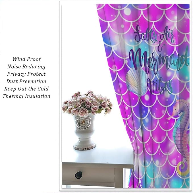 Dream Mermaid Curtains for Kids Boys Girls Ocean Theme Colorful Rainbow Fish Tail Blackout Window Treatment for Bedroom Nursery Room Decor Window Drapes 84" W X 84" L