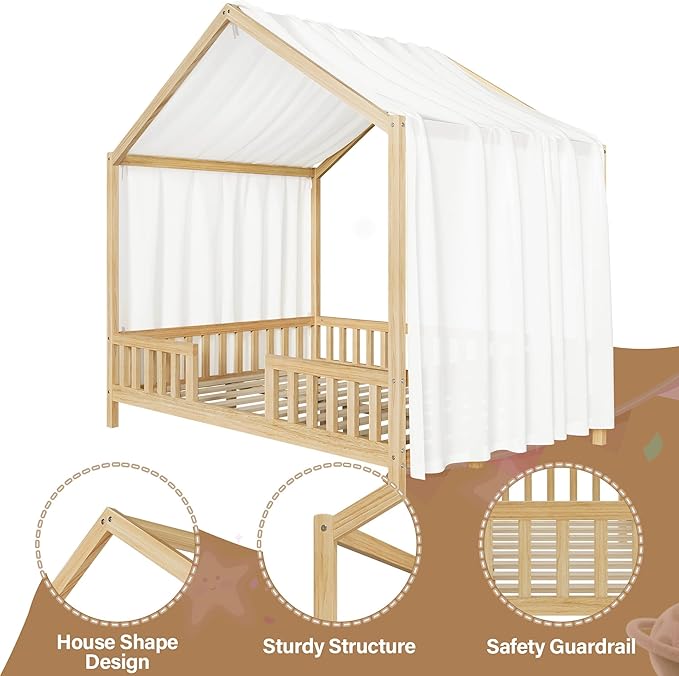 Montessori Floor Bed with Canopy, High Railings and Roof, Full Size Wood House Bed Frame for Kids Bedroom (Natural/C)