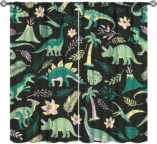 Dinosaurs Blackout Curtains Cartoon Cute Funny Dino Tropical Jungle Green Art Print for Kids Boys Bedroom Living Room Rod Pocket Decoration Window Drapes 2 Panels W31.5xL63in