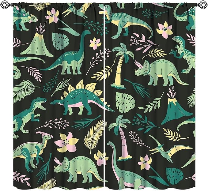Dinosaurs Blackout Curtains Cartoon Cute Funny Dino Tropical Jungle Green Art Print for Kids Boys Bedroom Living Room Rod Pocket Decoration Window Drapes 2 Panels W31.5xL72in