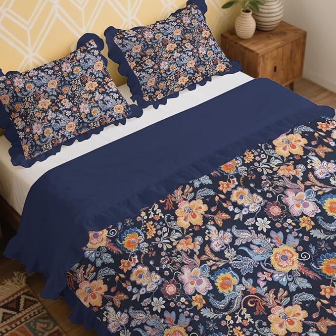 MAGRACE Ruffle Duvet Cover King Size 100% Cotton,3pc Linen Feel Boho Vintage Ruffled Quilt Cover Set French Country Rustic Cornflower Blue Comforter Cover Aesthetic Soft Bedding Set