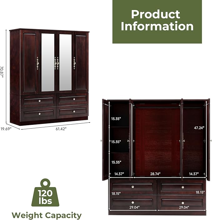 Solid Wood Armoire:4 Doors Wardrobe Closet with Mirror Drawers and Hanging Rod,Storage Cabinet Clothes Organizer for Bedroom Brown Black