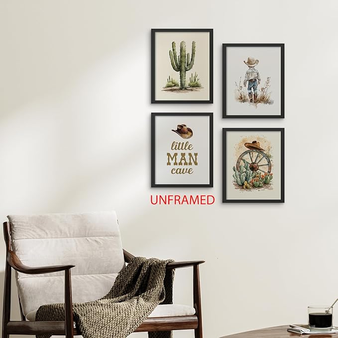 Hxlac Western Cowboy Nursery Wall Art Prints Set of 4 UNFRAMED - Western Wall Decor for Toddler Baby Boy Room, Cowboy Nursery Decor, Little Man Cave Pictures Wall Decor (8x10 Inches)