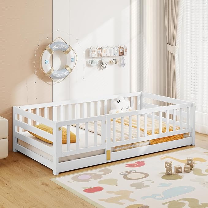 KOMFOTT Twin Size Wood Floor Bed with Door & 21.5” Fence, Montessori Bed Frame with Full Length Safety Guardrails, Door & Latch, Wooden Montessori Floor Bed for Kids, Girls, Boys